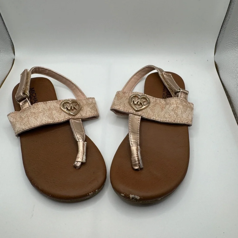 Michael Kors Toddler Girls Size 10 Metallic Logo Sandals with Heart Detail